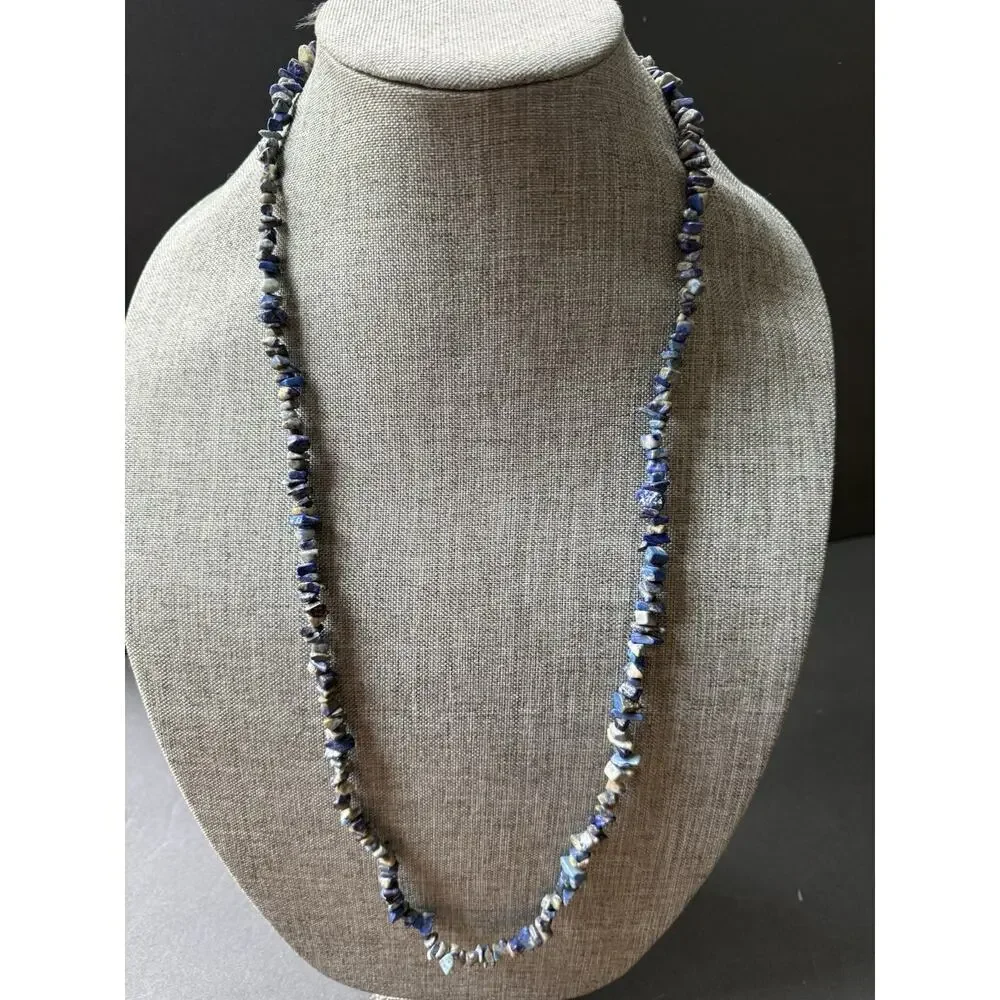 Lapis Lazuli Nugget Chip Necklace Beaded Boho Festival Coastal Southwestern